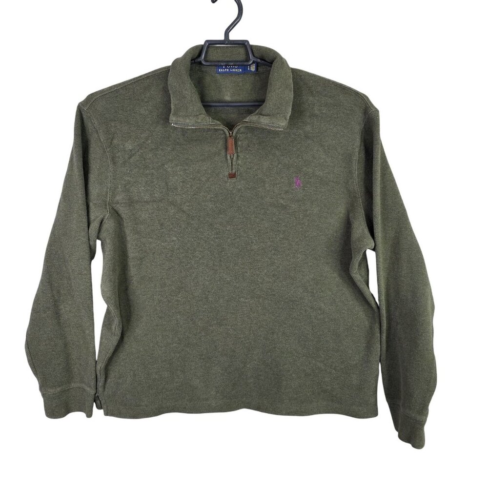 Mens Polo Ralph Lauren Olive Green Pullover Sweater 1/4 Zip 100% Cotton Size L